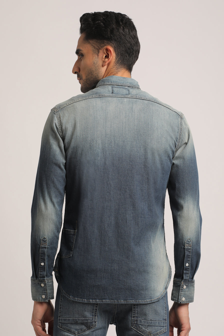 SOLOMON-MEN MID BLUE SLIM FIT SHIRT