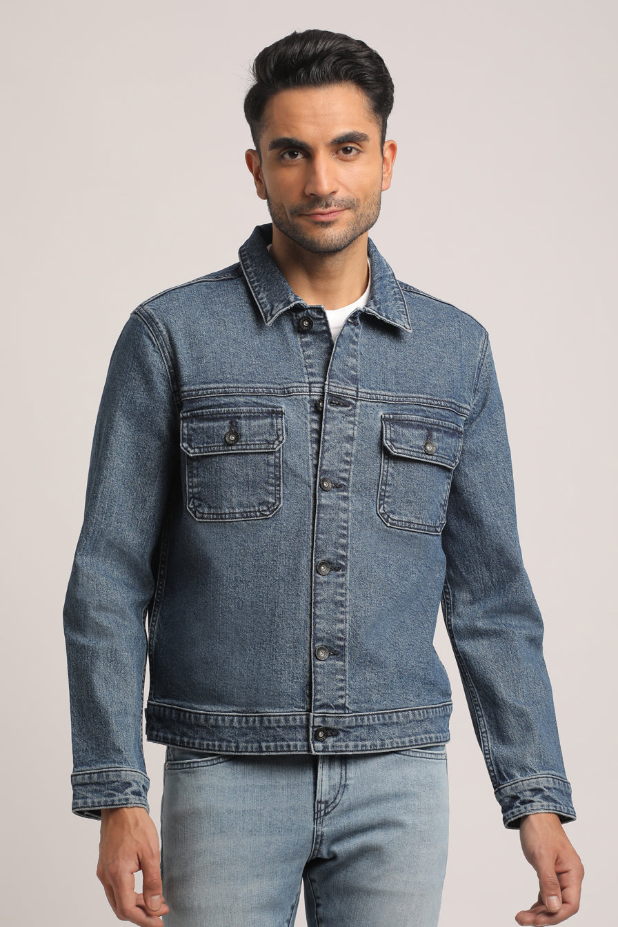 BRIAN-MEN MID BLUE REGULAR FIT JACKET