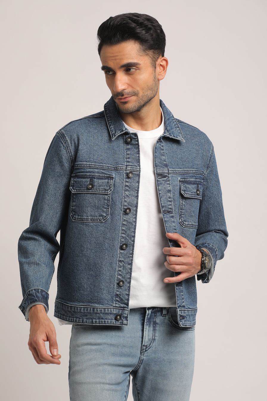 BRIAN-MEN MID BLUE REGULAR FIT JACKET