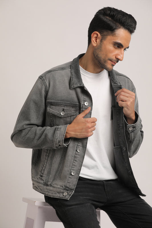 DRAKE-MEN GREY CLASSIC TRUCKER JACKET