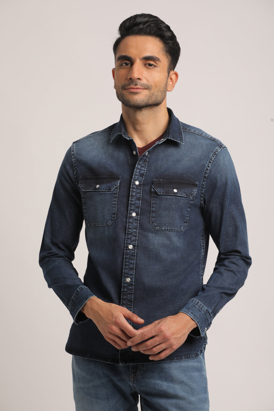 SHANE-MEN MID BLUE SLIM FIT SHIRT