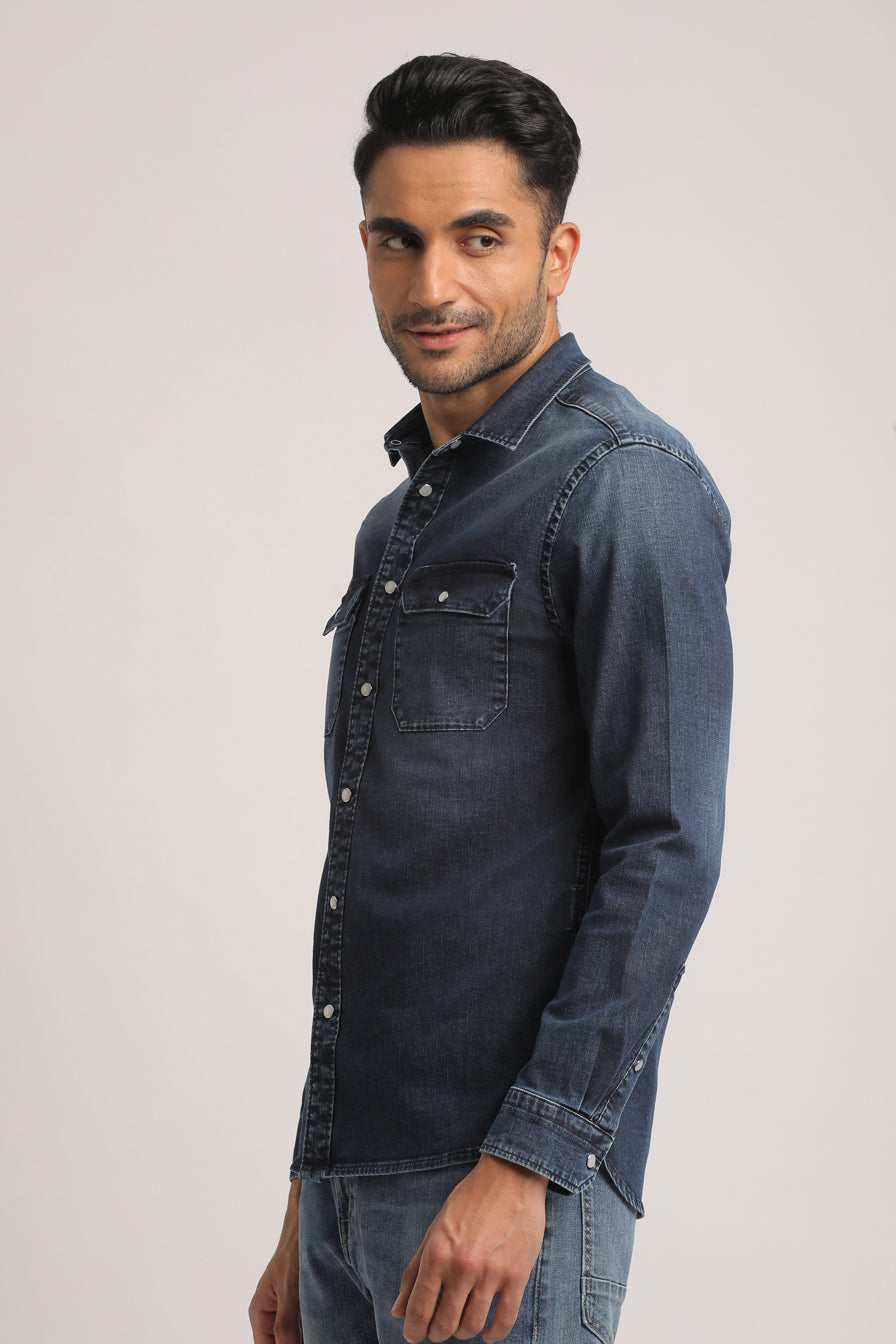 SHANE-MEN MID BLUE SLIM FIT SHIRT