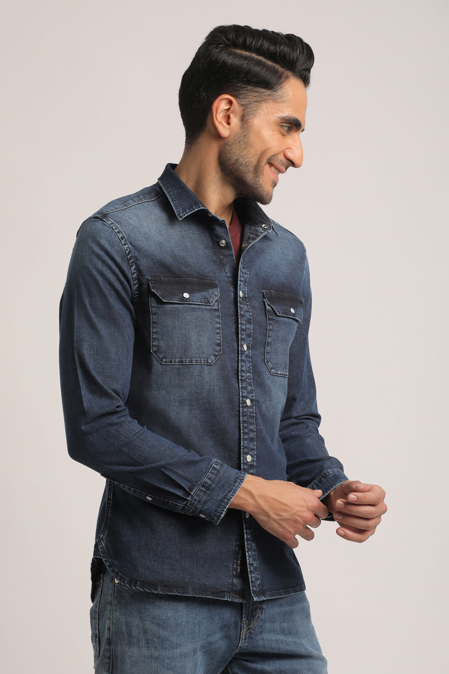 SHANE-MEN MID BLUE SLIM FIT SHIRT