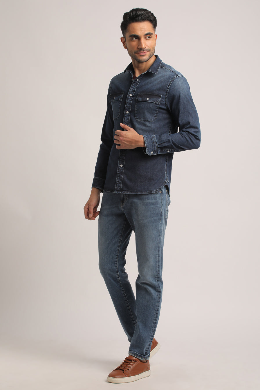 SHANE-MEN MID BLUE SLIM FIT SHIRT