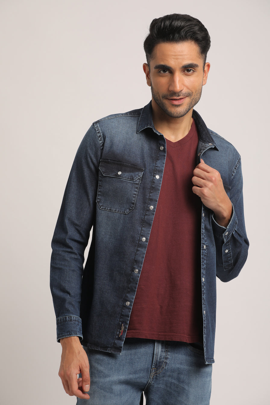 SHANE-MEN MID BLUE SLIM FIT SHIRT