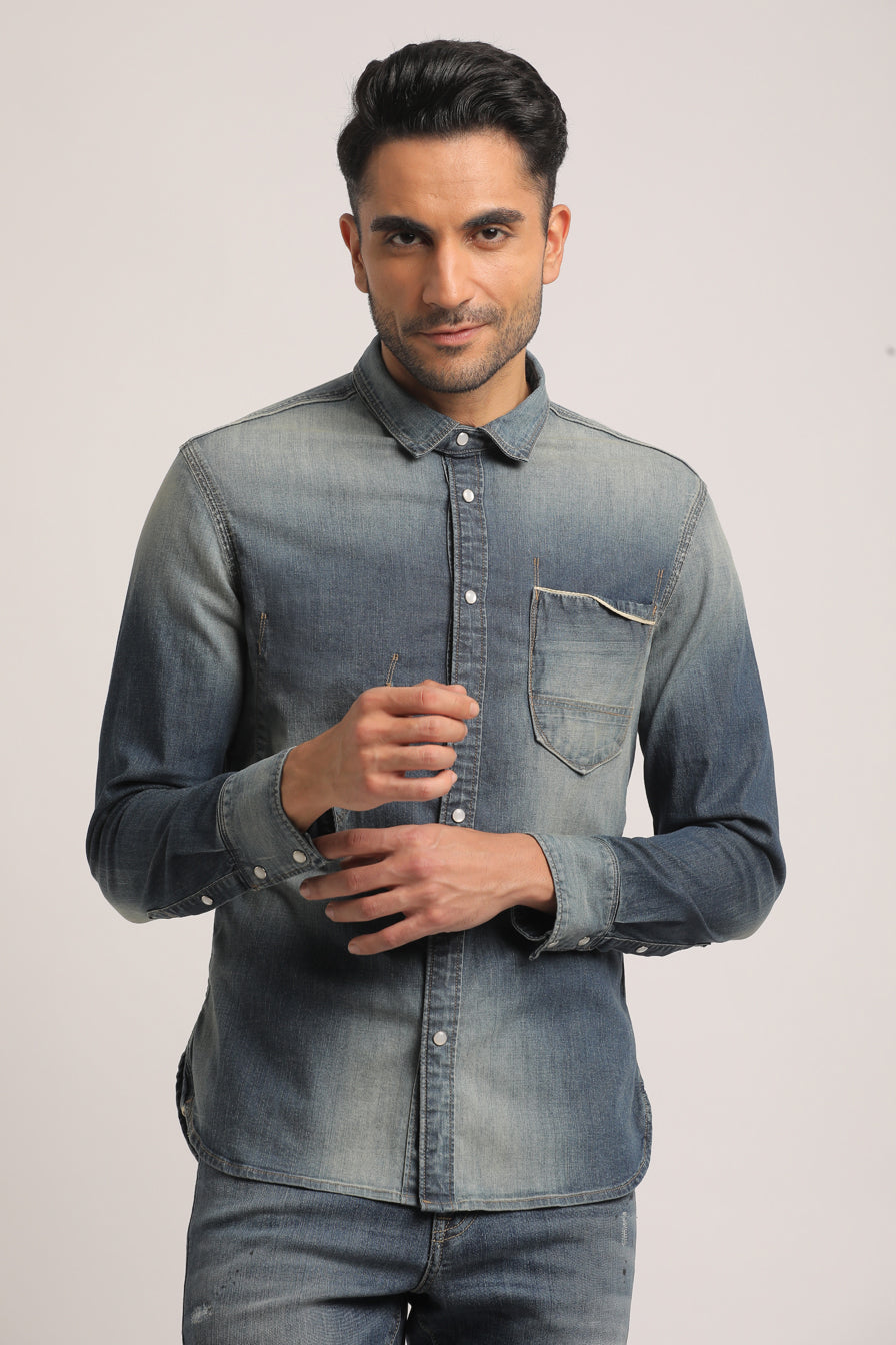 SOLOMON-MEN MID BLUE SLIM FIT SHIRT