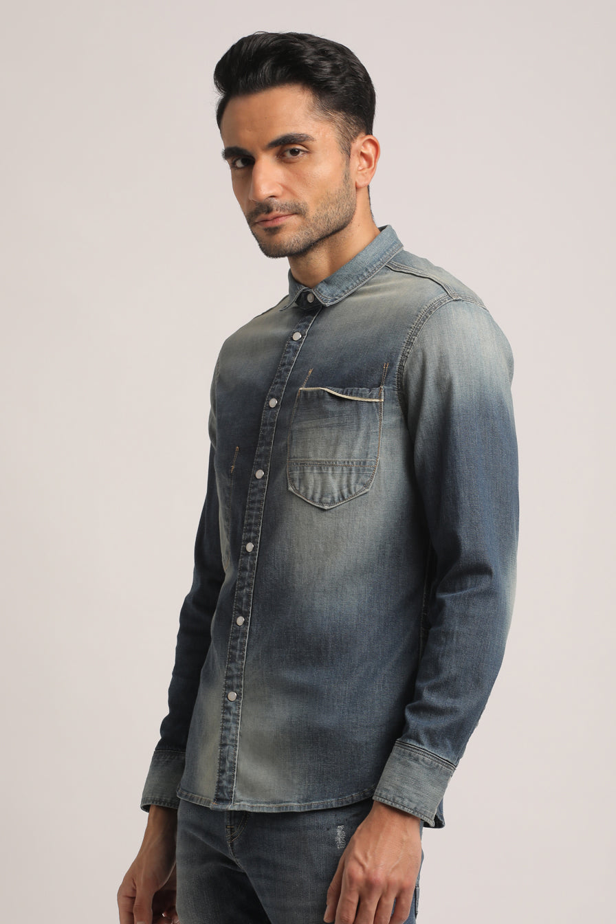 SOLOMON-MEN MID BLUE SLIM FIT SHIRT