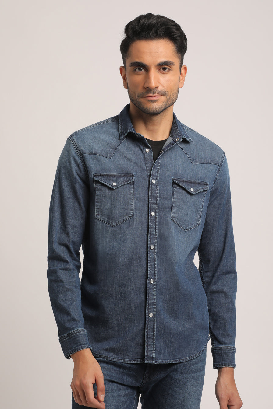 STANLEY-MEN MID BLUE SLIM FIT SHIRT