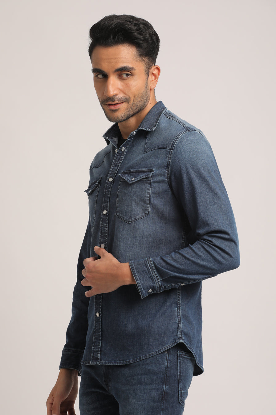 STANLEY-MEN MID BLUE SLIM FIT SHIRT