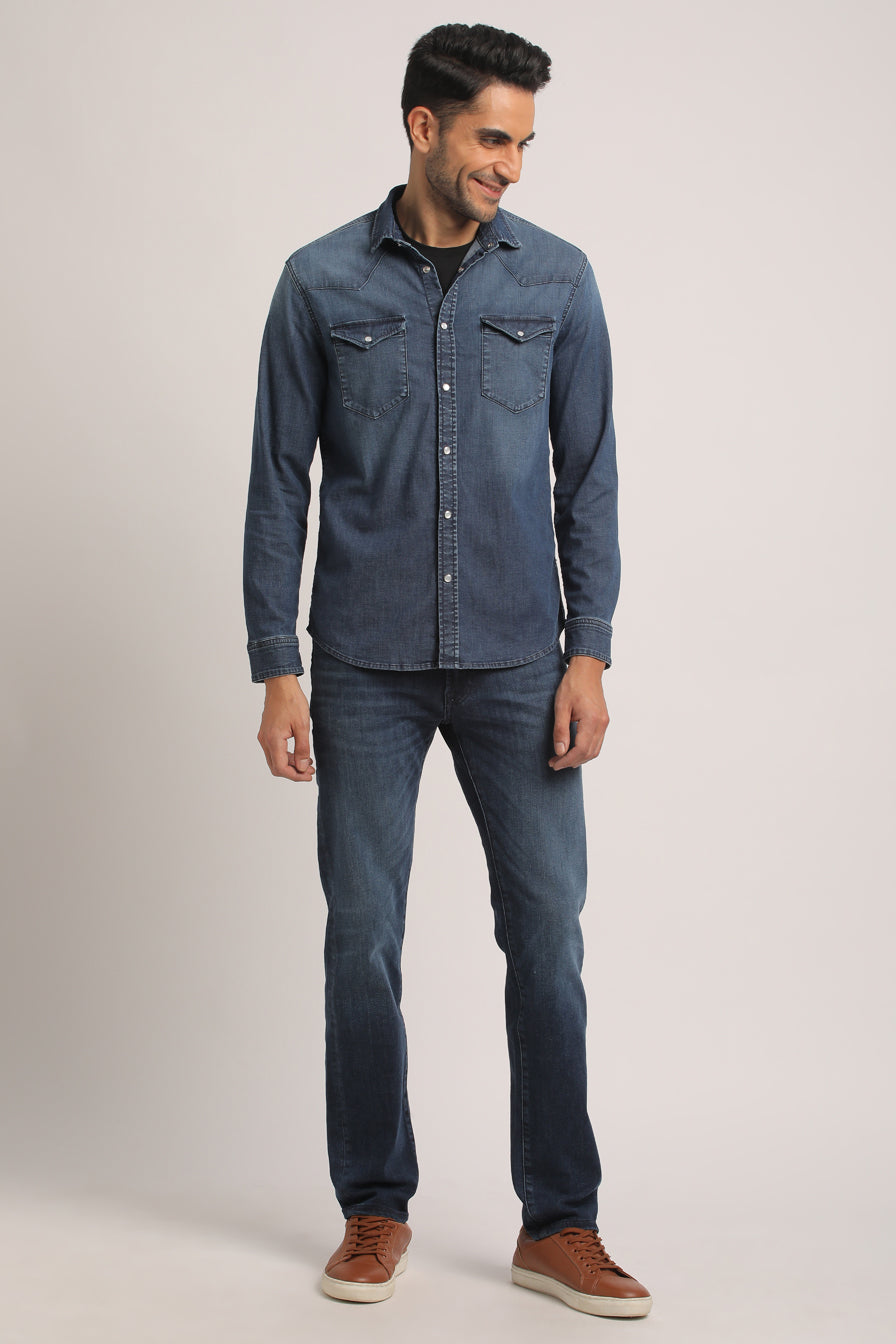 STANLEY-MEN MID BLUE SLIM FIT SHIRT