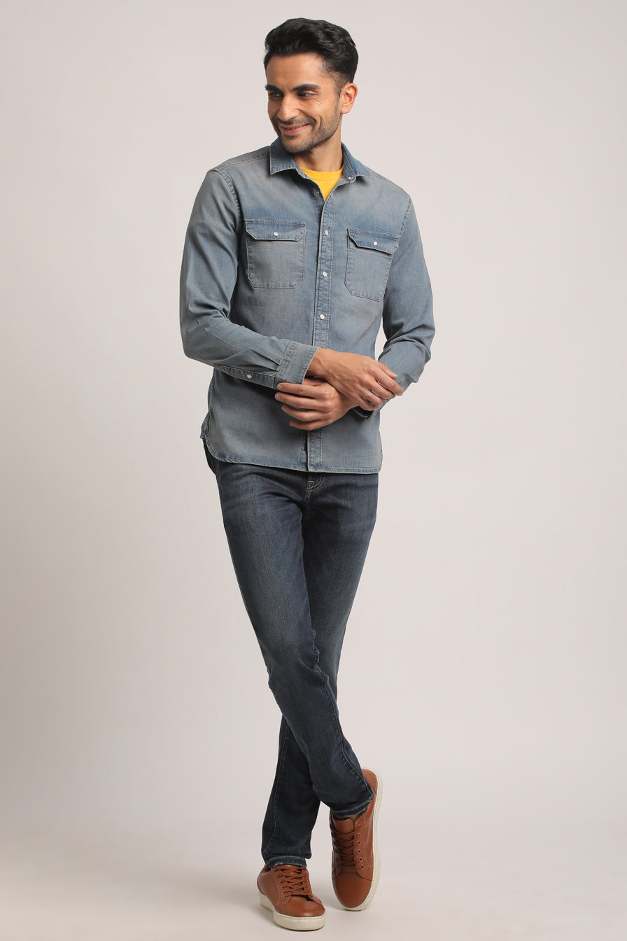 TANNER-MEN MID BLUE SLIM FIT SHIRT